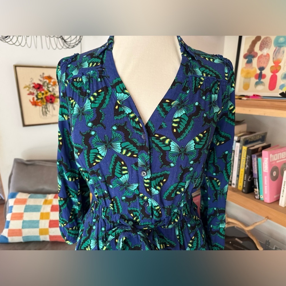 Maeve Anthropologie Vibrant Blue and Green Long Sleeve Butterfly Shirt Dress - Picture 2 of 7